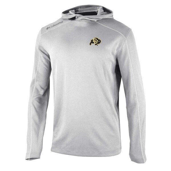 The light gray frontside of a Columbia omni wick shotgun hoodie with CU buffalo logo and white seam detailing.